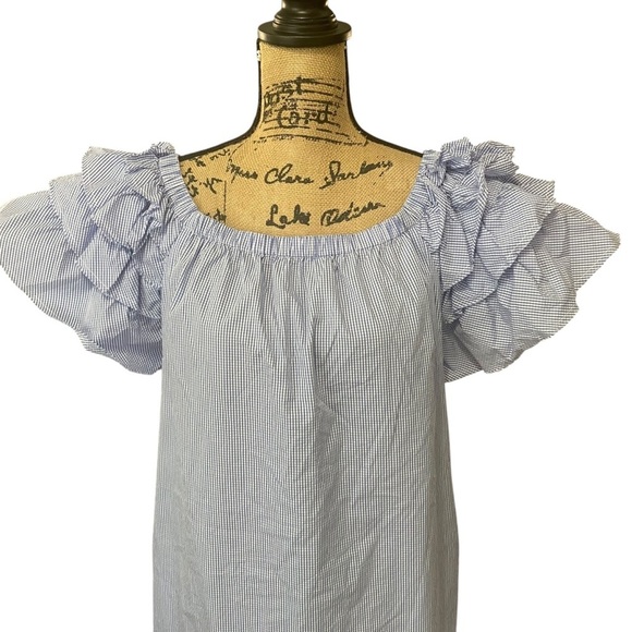 Sara Campbell Off The Shoulder Gingham Ruffle Shift Dress Blue White Size Medium - Picture 3 of 10